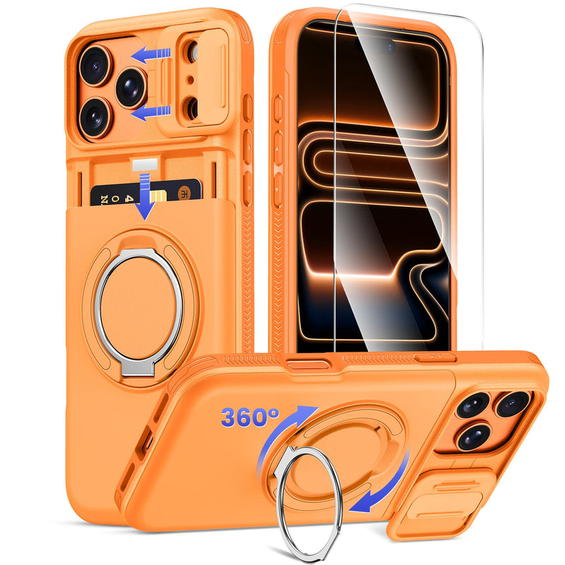 Ruky for iPhone 17 ProMax Case with Slide Camera Cover and Stand, Orange | Wallet Card Holder & Screen Protector [Not Support Wireless Charging] Military-Grade Drop Protection Phone Cover, Orange