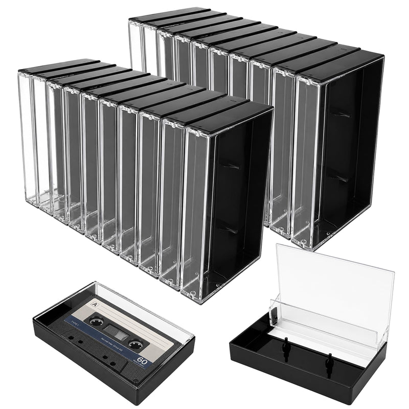 20Pcs Audio Cassette Tape Storage Case, 4.3 x 2.8 x 0.6 in Plastic Empt Blank Cassette Tapes with Music Display Box Organizer for Recording,Standard Cassettes, Clear Lid and Black Base