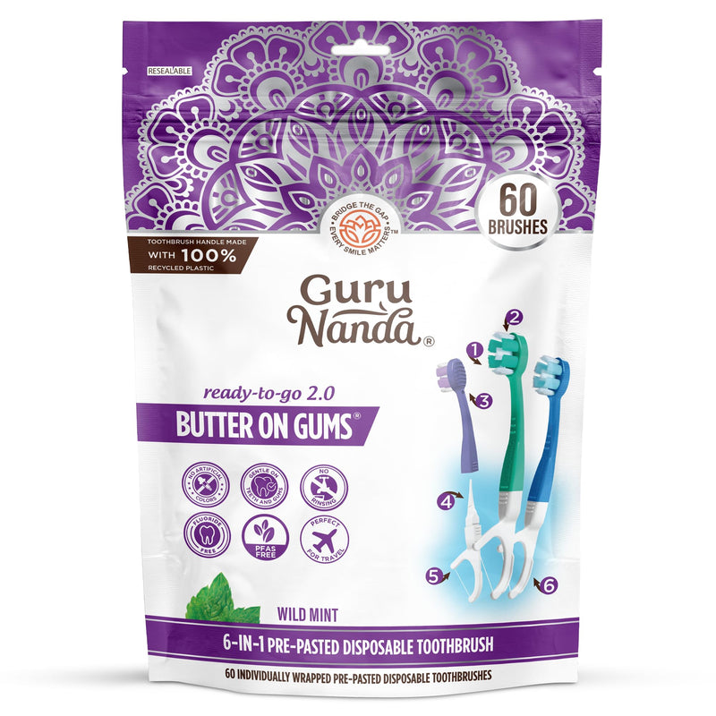 GuruNanda Mini Disposable Toothbrushes with Toothpaste, Tongue Scraper, Floss & Toothpick - 6-in-1 Ready-to-Go Prepasted Travel Toothbrush - Fluoride Free, No Rinsing, Individually Wrapped, 60 Ct 60 Count (Pack of 1)