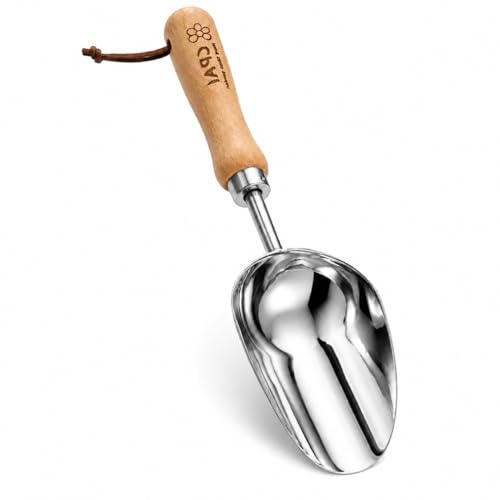 Garden Soil Scoop with Wooden Handle, Stainless Steel Potting Scoop for Planters, Flower Pots and Seedling Trays