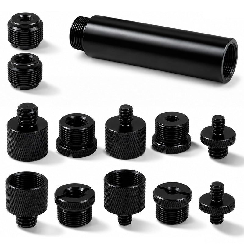 13 PCS 3/8 to 5/8 and 1/4 Mic Stand Adapter Set, Black | Microphone Stand Screws with Extension Tube Aluminum Alloy Mic Thread Mount for Boom Arm Camera Tripod Projector Fill Light