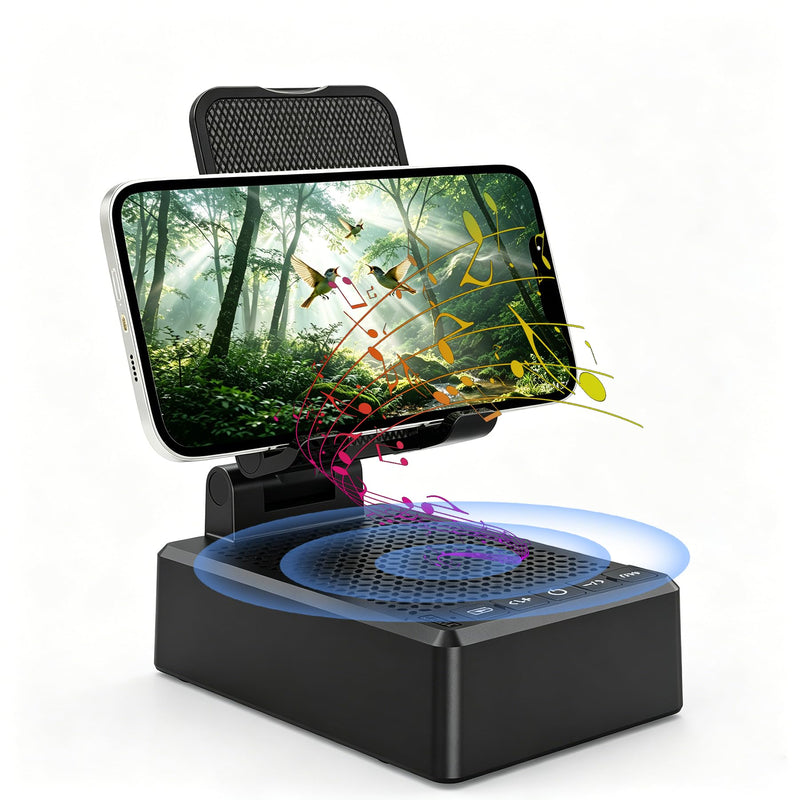 Cell Phone Stand with Wireless Bluetooth Speaker, Adjustable Angle,Foldable Stand HD Surround Sound for Home, Compatible with All iPhone/Android Phones, Cool Gadget Gift for Men Women Dad Mom Black