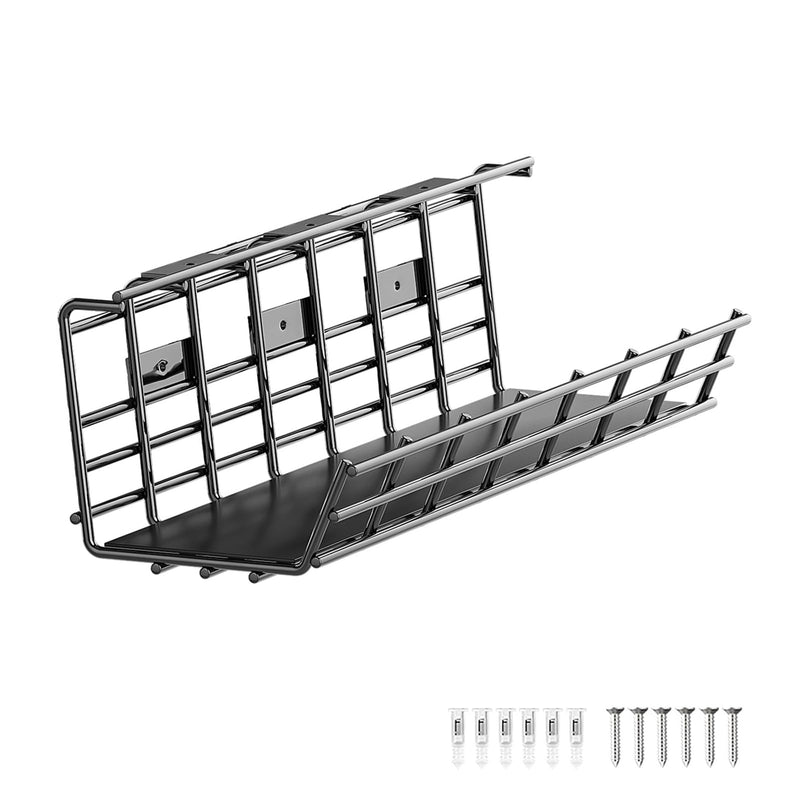 1 Pack DELAMU Under Desk Cable Management Tray, Large Metal Cord Organizer, Office & Home Cord Wire Management Under Desk Shelf, Easy Install Pre-drilled Cable Organizer, Black