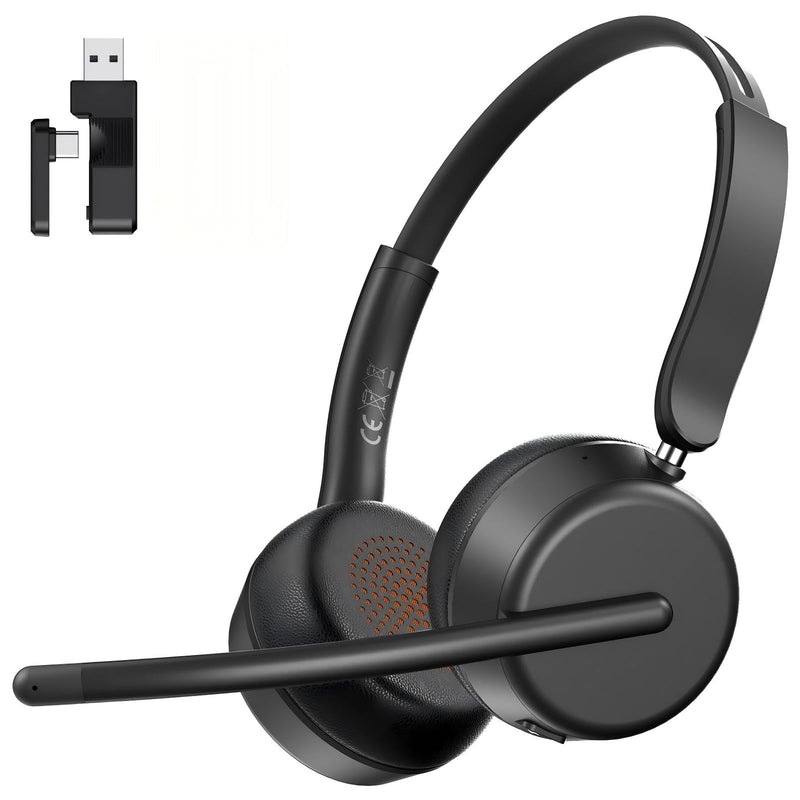 AOC Wireless Headset with Mic for Work, Bluetooth 5.4 Headphones-Dark Black | AI Noise-Canceling Mic for Clear Calls, Computer Headset with Mic Mute & USB A/C Dongle for PC, Computer, Laptop Dark Black