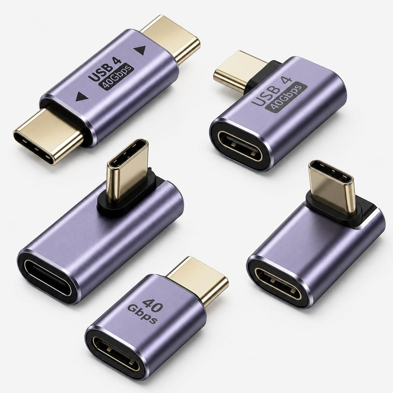 5 Pack 5 Style USB C Right Angle Adapter, 90 Degree USB C Male to Female Adapters Right Angle Type-C Adapter Extender for Notebook Computers, Tablet and Mobile Phones 40Gbps 100W PD