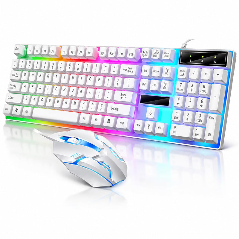 Gaming Keyboard 104 Keys Wired Gaming Keyboard and Mouse Set, RGB LED Backlight, USB, Full Size, White