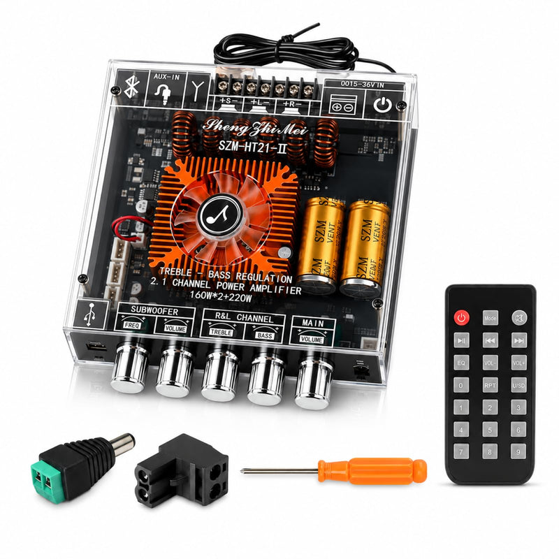 540W 2.1-Channel Mini Bluetooth Amplifier Board – 160W×2 + 220W Subwoofer, with TWS, FM/USB/AUX, IR Remote, DC15-36V, Deep Bass for DIY Speakers & Home Audio Black