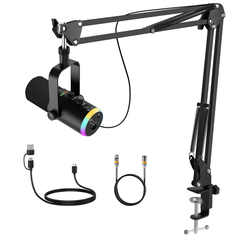XLR USB Dynamic Microphone with RGB Light, Volume Control, Mute Button, Echo Function, Headphone Monitoring Jack. Compatible with Mixers, Sound Cards, MAC, PC Black