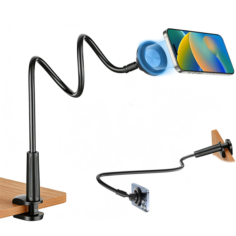 Magnetic Gooseneck Phone Holder for Bed, for MagSafe Phone Holder Mount Stand Flexible Goosebeck Arm with Clamp Clip Mount for Desk Bedside for iPhone 17/16/15/14/13/12 and Others