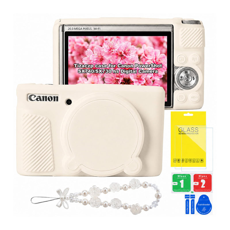 Camera Case for Canon PowerShot SX740 HS/SX730 HS,Soft Silicone Protective Cover with Removable Lens Cap,tempered glass Screen Protector&Wrist Strap,Camera Accessories (Beige) Beige