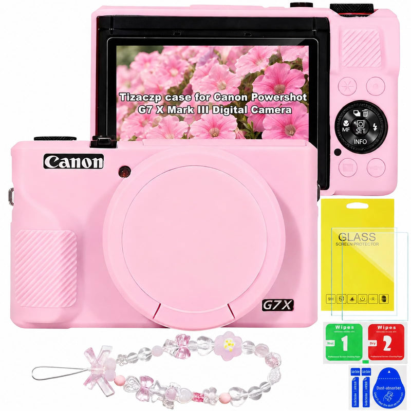 Silicone Camera Case for Canon G7X Mark III with Removable Lens Cover,BraceletWrist Strap,2 Tempered Glass Screen Protectors,Protective Travel,DailyPhotography Camera Accessories (Pink) Pink