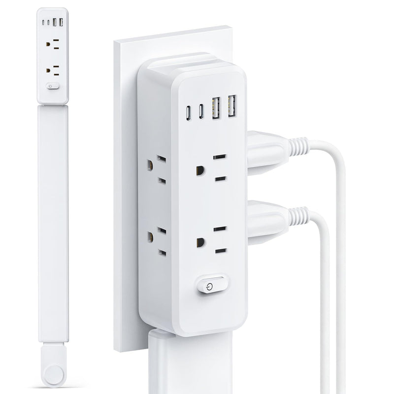 Outlet Extender Stick, 360° Rotating Wall Outlet Expander with 22-35" Extendable Base, 10-in-1 Power Strip Stick with 6 AC Outlets, 4 USB Ports (2 USB-C), Flat Plug for Behind Couch, Home, Office