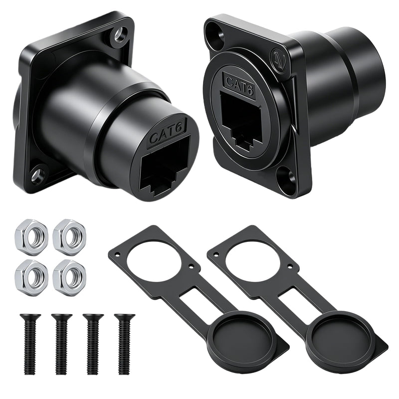 2 Pack Passthrough Rj45 Connectors Dc Power Extension Cable | RJ45 CAT6 Panel Mount Adapter, Ethernet Pass-Through Connector, D-Type Panel Mountable with Waterproof Cover Screw(Black)