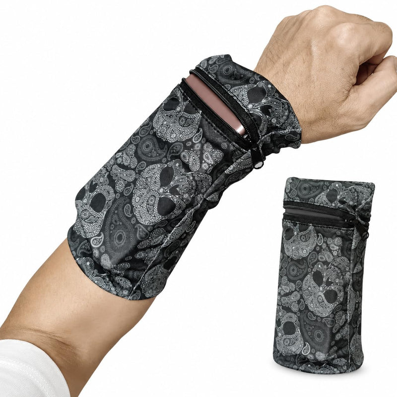 1 Pack Running Phone Armband Holder, Zipper Wrist Arm Pouch for Workout Gym Jogging Pocket for Phone Keys Cards Men Women Skull