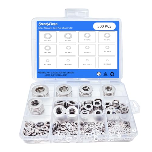 500PCS M2-M12 Silver 304 Flat Stainless Steel Washers Kit 500PCS,M2,M2.5,M3,M4,M5,M6,M8,M10,M12