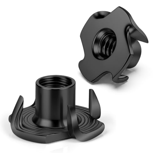 Mellewell M6 T-Nuts, Black Zinc Plated Steel 4-Pronged Tee Nut for Wood, Rock Climbing Holds, Furniture, 4-Jaw Threaded Insert for Bolts and Screws, 100 Pack Black Carbon Steel