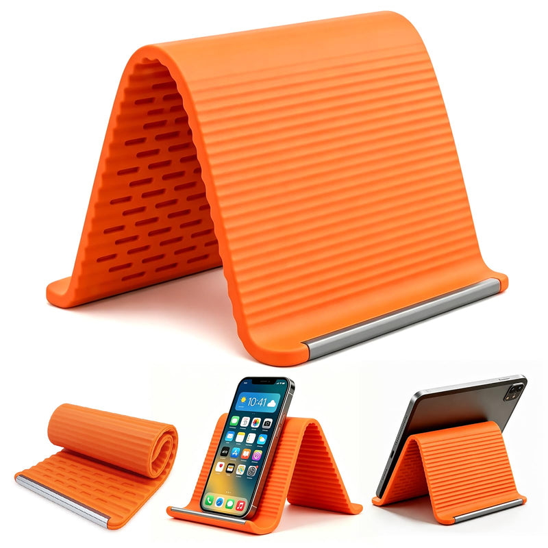 Flexible Silicone Phone Stand with Aluminum Core, Foldable Silicone Phone Holder for Cell Phones, Tablets & Small Devices, Adjustable Desktop & Airplane Phone Holder for Travel, Office & Home (Orange) Orange