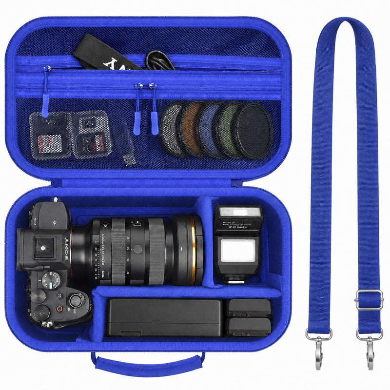 Camera Case for Canon EOS Rebel T7/R50/R100/for Sony a7iv/Mirrorless | EVA hard shell, Oxford fabric, 4 adjustable dividers and 3 mesh pockets for camera travel and home storage-Blue (Case Only) Blue