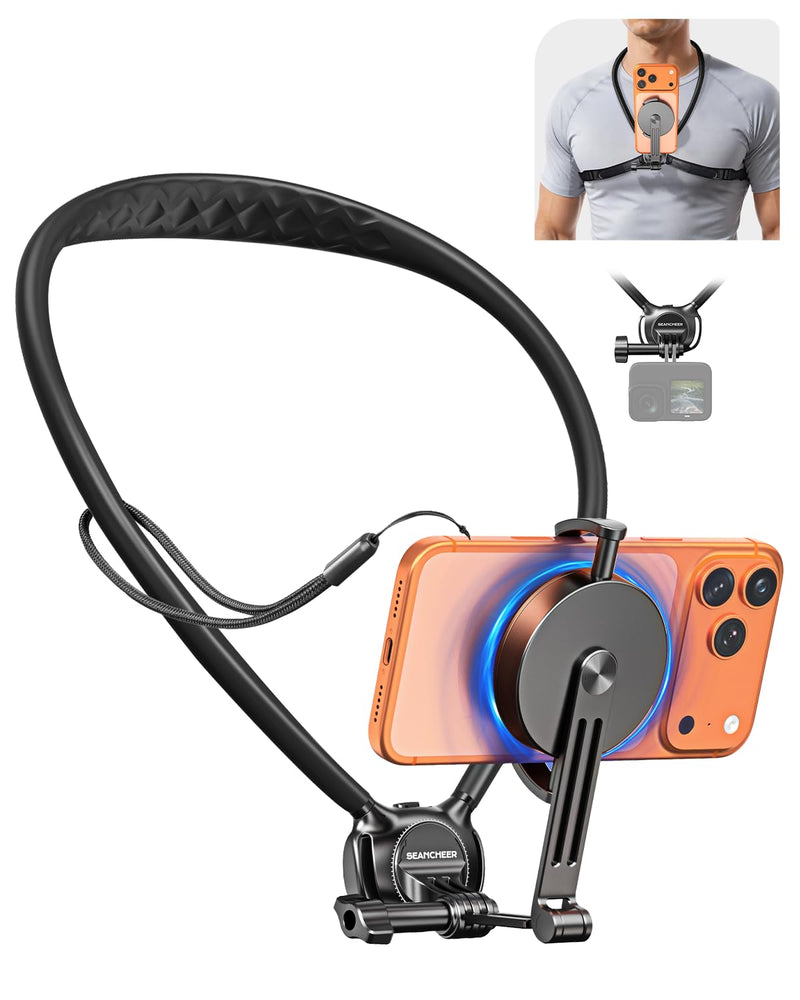 2-in-1 Magnetic&Clip-on Neck Phone Holder,59" Extended Chest Strap | Hands Free POV/Vlog Phone Neck Holder,Magnetic Neck Mount for Phones,iPhone 12-17&Android,Comfortable Recording