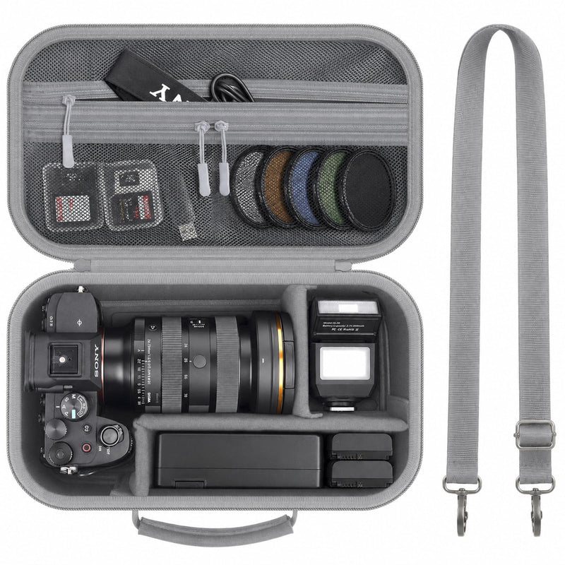 Camera Case for Canon EOS Rebel T7/R50/R100/for Sony a7iv/Mirrorless | EVA hard shell, Oxford fabric, 4 adjustable dividers and 3 mesh pockets for camera travel and home storage-Grey (Case Only) Grey