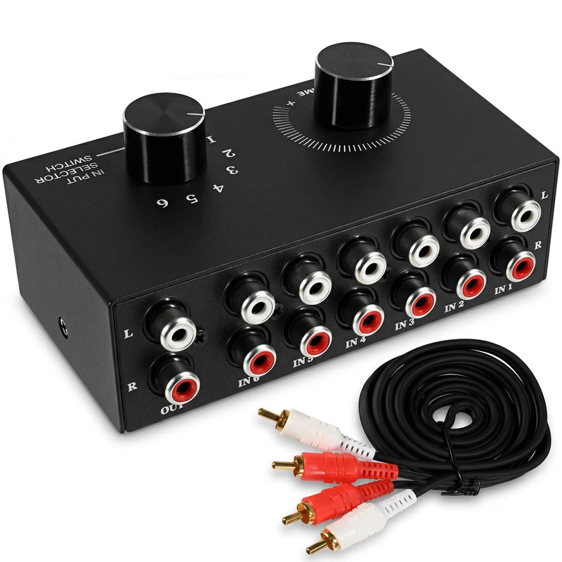 RCA Audio Switcher, 6 in 1 Out Audio Selector, 6 Channel Passive Stereo Selector Box, Metal Case, Plug-and-Play, Volume Control for Hi-Fi Systems