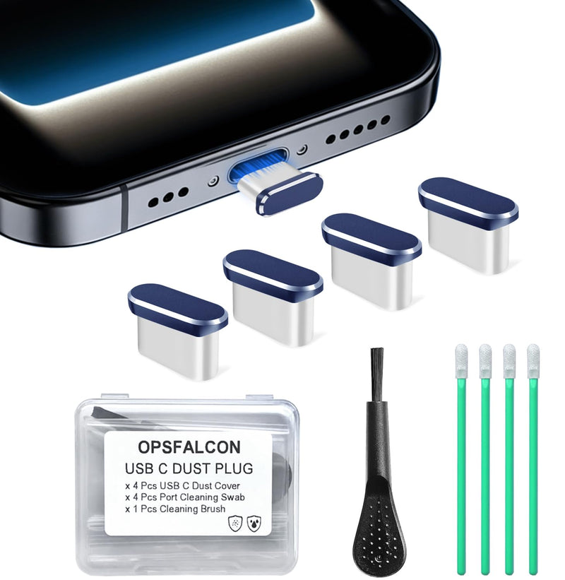 USB C Dust Plug, 4 Pack Metal USB C Port Plug Cover, Charging Port Protector Cover for iPhone 17, 16, 15 Pro Max, Samsung Galaxy, Kindle, Pixel, and All USB C Devices (Blue) Blue