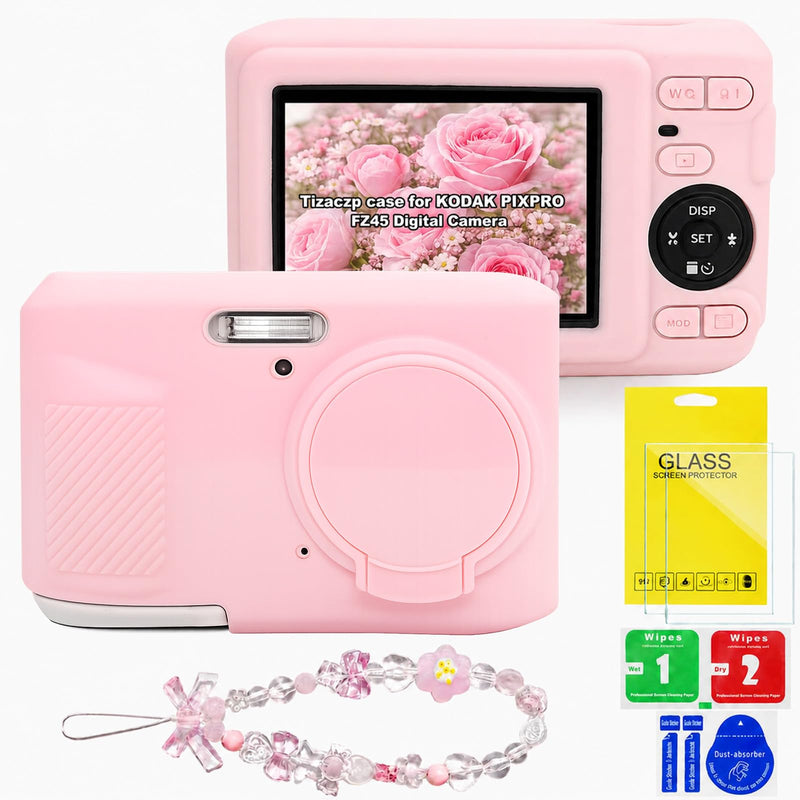 Case for Kodak PIXPRO FZ45 Digital Camera, Silicone Camera Case with Removable Lens Cover,Cute Beaded Charm Strap & 2 Pack Screen Protectors,Aesthetic Travel Camera Accessories (Smoked Pink) Smoked Pink