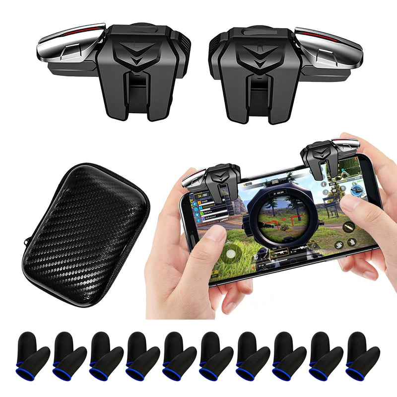 PUBG Trigger 4 Finger Mobile Gaming Controller with 20 Finger Sleeves & Storage Case PUBG Mobile Controller Aim & Fire Shooter Buttons for iPhone & Android PUBG Accessories for COD Mobile (1 Pair G21+ 20Pcs Finger Sleeve+Storage bag)