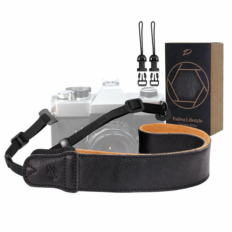 Padwa Lifestyle Black Leather Camera Strap - 1.5" Soft Full Grain Cowhide Camera Straps for Photographers, Soft Suede Fabric Padded Leather Strap with Quick Release fits All Cameras 1.5 inch Wide / Adjustable 38~52 inch