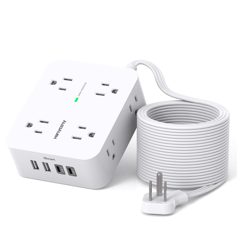 15 Ft Long Extension Cord with Multiple Outlets, Flat Plug Power Strip | Surge Protector, 1080J, 8 Outlets 4 USB Ports(2 USB C), Desk Outlet Extender, Wall Mount, Home Office Dorm Room Essentials 15ft White