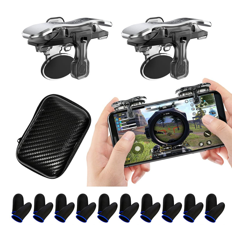 PUBG Trigger 4 Finger Mobile Gaming Controller with 20 Finger Sleeves & Storage Case PUBG Mobile Controller Aim & Fire Shooter Buttons for iPhone & Android PUBG Accessories for COD Mobile (1Pair X8+20Pcs Finger sleeve+Storage bag)
