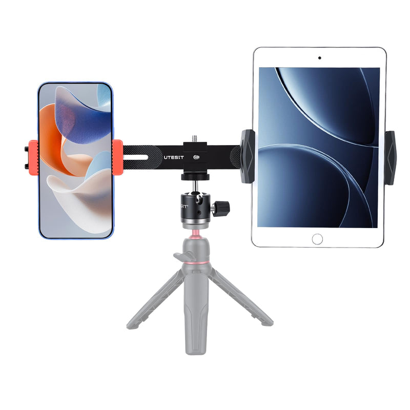 UTEBIT Dual Holder Smartphone and Tablet Tripod Mount Adapter 360° Rotating Ball Head Adjustable Clip Stand Double Phone and Tablet Stand with 1/4'' Screws for Vlogging Video Recording Live Streaming