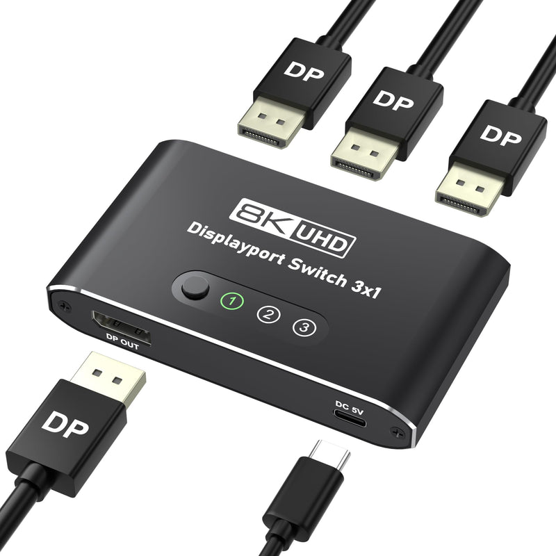 DisplayPort Switch 3 in 1 Out 8K@60Hz, DP Switcher Connects 3 PCs to 1 Monitor, DisplayPort 1.4 Selector 3x1, Manual Button Switcher for Desktop/GPU/Laptop – Direct Connection Only (No Dock/KVM)