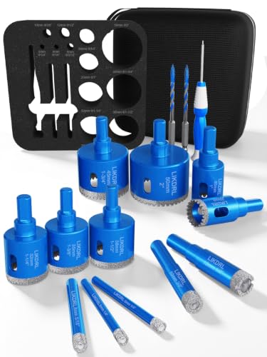 15‑Piece Diamond Hole Saw Kit, 1/4"‑2" Diamond Core Drill Bits Set, Includes 3/16" Multi‑Tooth Carbide Drill Bits & Manual Screwdriver for Tile, Ceramic, Marble, Glass