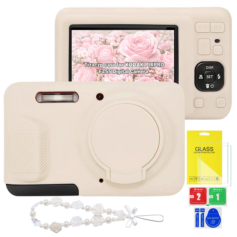Case for Kodak PIXPRO FZ55 Digital Camera,Silicone Camera Case with Removable Lens Cover,Cute Beaded Charm Strap& 2 Pack Screen Protectors,Aesthetic Travel Camera Accessories (Beige) Beige