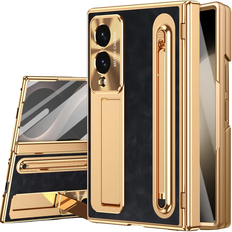 NINKI for Samsung Galaxy Z Fold 8 Case with S Pen Holder & Stylus, Galaxy Z Fold 8 Phone Case with Stand & Screen Protector, Plating Leather Hinge Protective Cover for Samsung Fold8 – Gold with Black Gold+Black