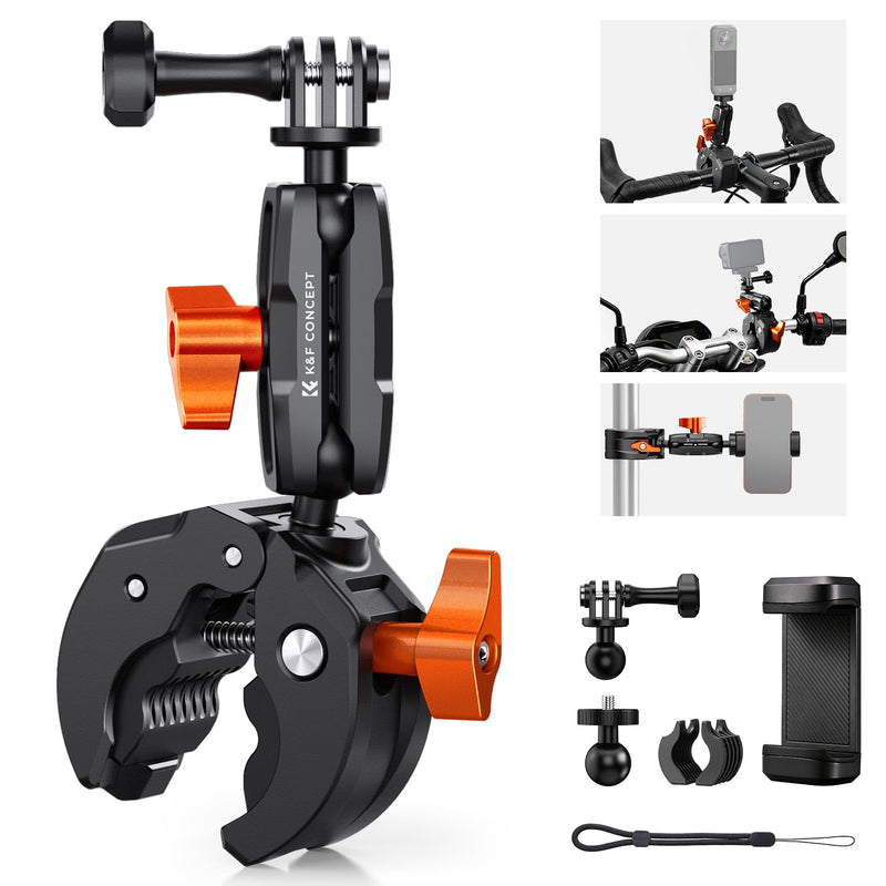 K&F CONCEPT Motorcycle Bike Clamp Mount 360° BallHead for Action Camera | Adjustable Handlebar Clamp Mount for Cycling/Motorcycle/Bicycle/Handbar/Round Tube(0.31-1.85"), MS66