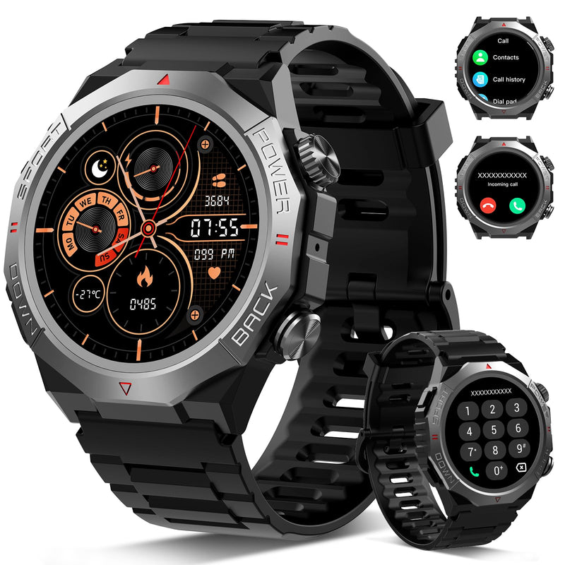Military Smart Watches for Men(Answer/Make Calls), 1.39"HD Fitness Watch, 24/7 Heart Rate Sleep Monitor, Smart Watch for Men 110+ Sport Modes, 30Day, IP68 Waterproof Smartwatch for Android iOS Jet black