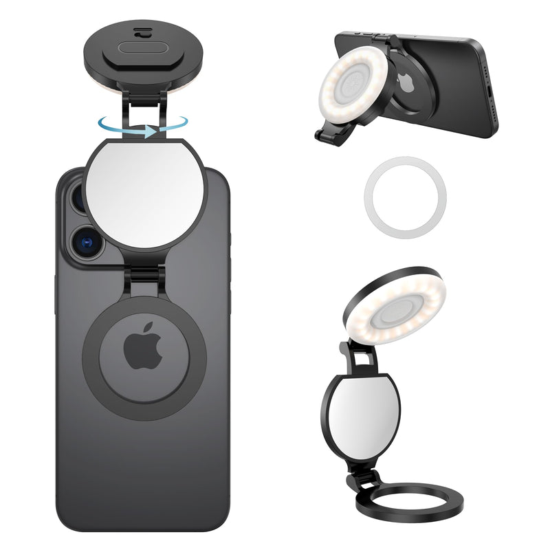 Magnetic Selfie Light for Phone,Phone Ring Light Selfies | Tri-Fold, As Lamp, 360° Foldable LED Selfie Light Compatible with iPhone Magsafe,Photography/TikTok/Zoom Calls/Video Black