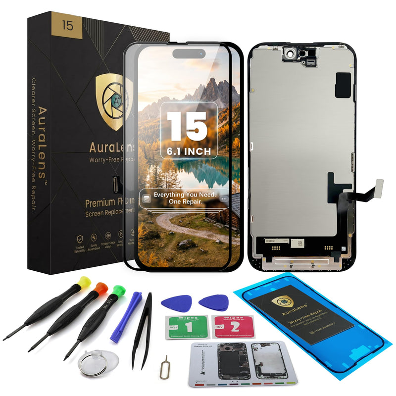 AuraLens for iPhone 15 Screen Replacement Kit LCD Touch Display Assembly | A2846 A3089 A3090 A3092, FHD INCELL Digitizer 6.1 Inch, COF, Pre-Tested, Repair Tools, Waterproof Adhesive, Screw Pad, Black For iPhone 15 (6.1")