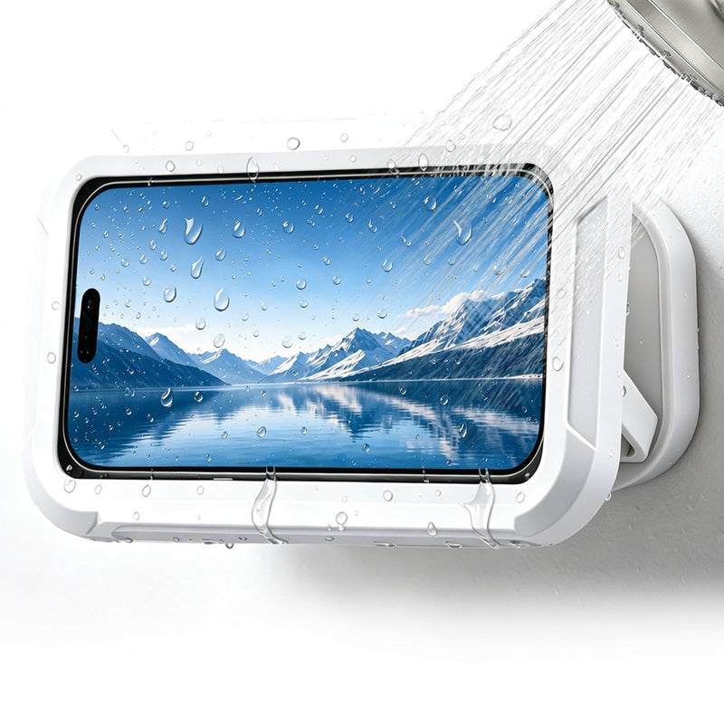 AgePlace Shower Phone Holder Waterproof, 480° Rotatable & Retractable Wall Mount Phone Holder for Shower, Anti-Fog Touchscreen Bathroom Phone Holder with Adhesive No-Drill Mount, Fits 4–6.7" Phones WHITE