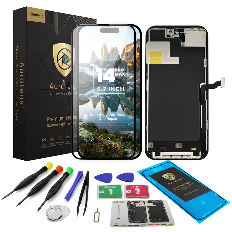 AuraLens for iPhone 14 Pro Max Screen Replacement Kit LCD Display Assembly | A2651 A2893 A2894 A2895 A2896, FHD INCELL Display Digitizer 6.7 Inch, COF, 120Hz, Repair Tools, Adhesive, Screw Pad, Black For iPhone 14 Pro Max (6.7")