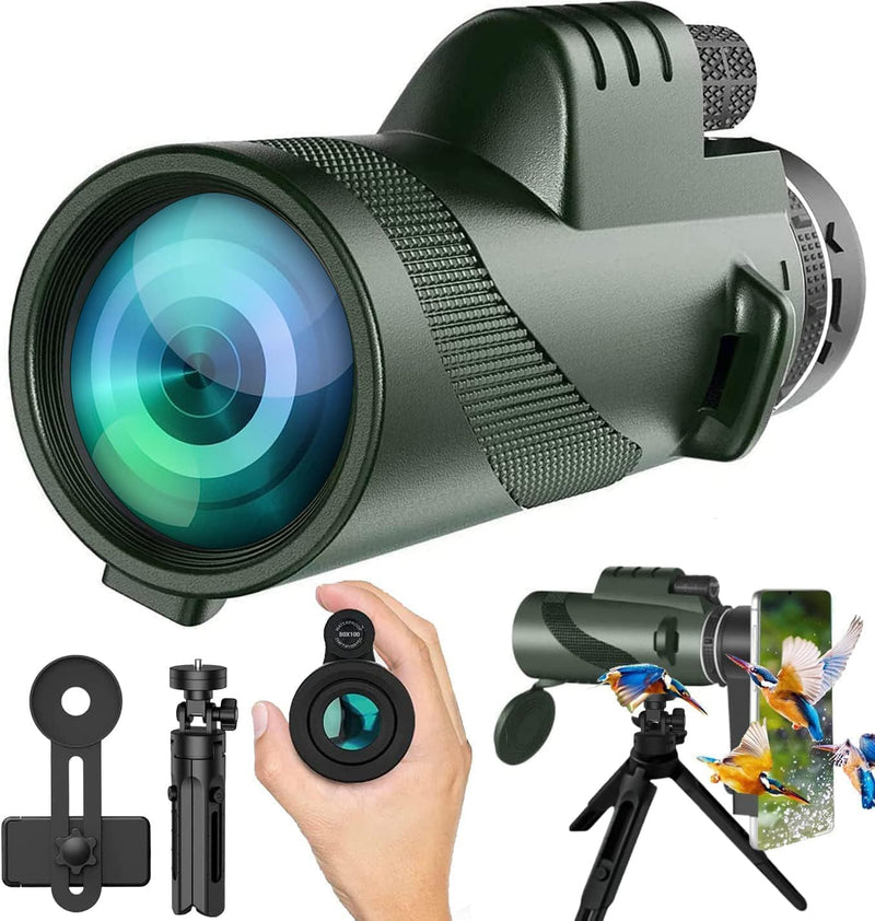 Monocular-Telescope 80x100 High Powered Monoculars High Definition for Adults High Powered with Smartphone Adapter Telescope Hunting Wildlife Bird Watching Travel Camping Hiking-Green green