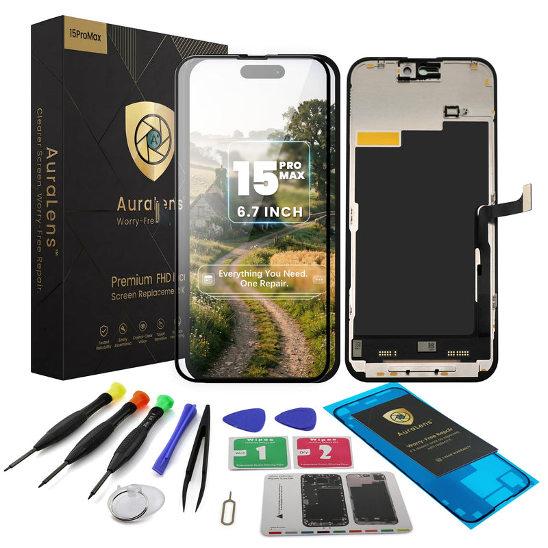 AuraLens for iPhone 15 Pro Max Screen Replacement Kit LCD Display Assembly | A2849 A3105 A3106 A3108, FHD INCELL LCD Touch Digitizer 6.7 Inch, COF, 120Hz, Repair Tools, Waterproof Adhesive, Screw Pad For iPhone 15 Pro Max (6.7")