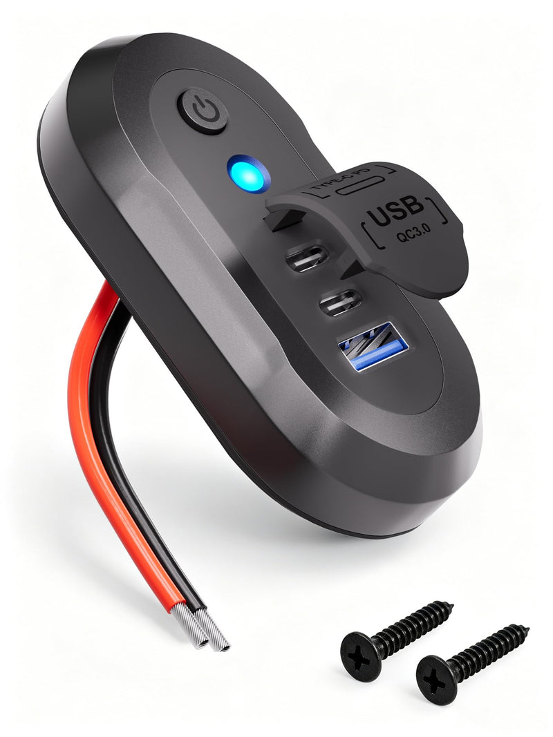 12V USB Outlet RV 3 Ports Car Power Charger 78W Fast Charging Panel Socket | Dual PD 3.0 QC 18W Car Lighter Adapter with Switch & Blue Indicator Light USB C 30W Wall Mount for Marine Bus Boat ATV Truck