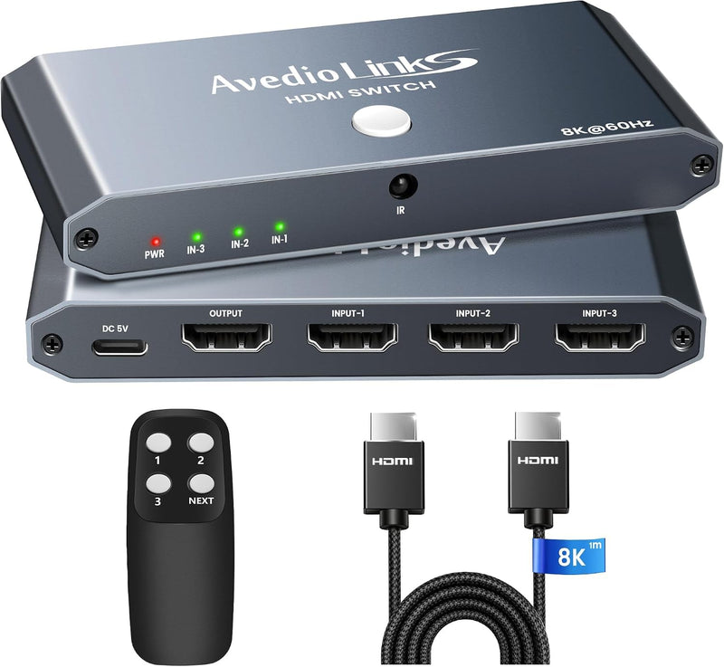 8K@60Hz HDMI Switch 3 in 1 Out with 2.6ft HDMI Cable & Remote, 4K@120Hz Aluminum HDMI 2.1 Switch Splitter with Auto-Switching, Supports HDCP 2.3 HDR 10+ Dolby Vision/Atmos 48Gbps for PS5, Xbox,Switch