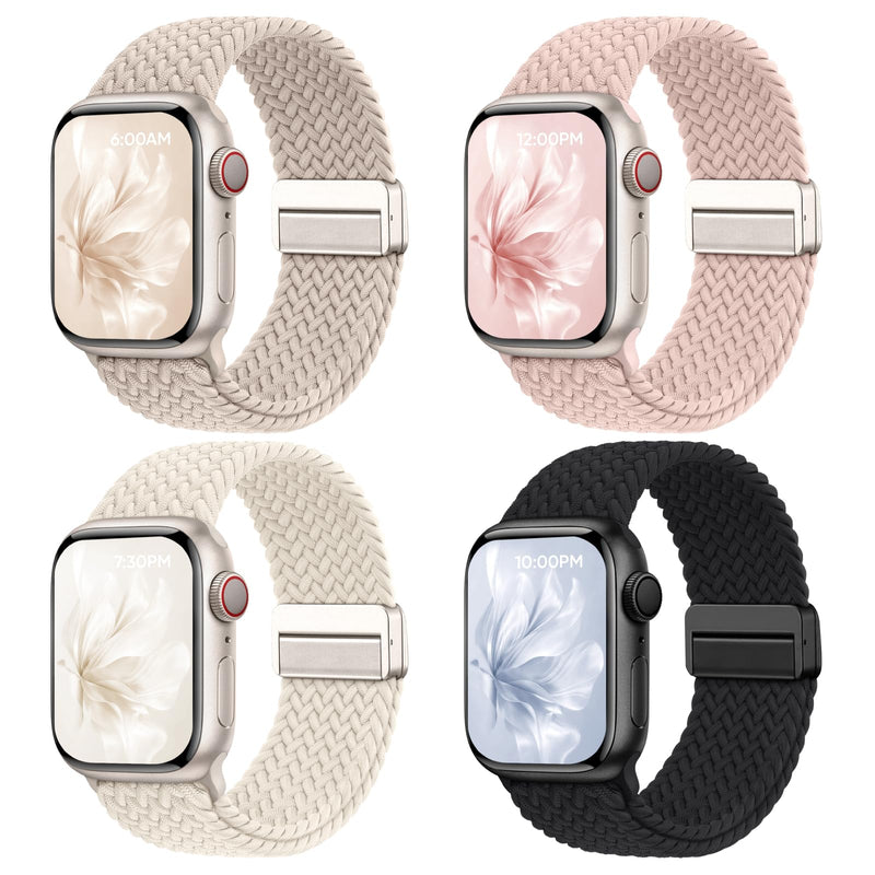 Butifacion Apple Watch Bands for Women: Braided Strap Fit All iWatch Models | 4 Pack Stretchy Breathable Bands with Secure Magnetic Clasp, Quick Adjustment, Durable for All-Day Comfort, Machine Washable Black/Milk Tea/Pink/Starlight