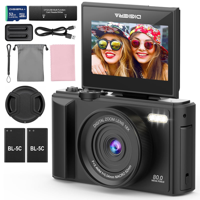 5K Digital Camera, 80MP 18X Autofocus Video 3.0" IPS LCD Flip Screen Vlog Camera for YouTube, 32GB SD Card USB 2.0 Detachable Rechargeable Li Battery Anti-Shake Compact Camera for Party Beginner Black