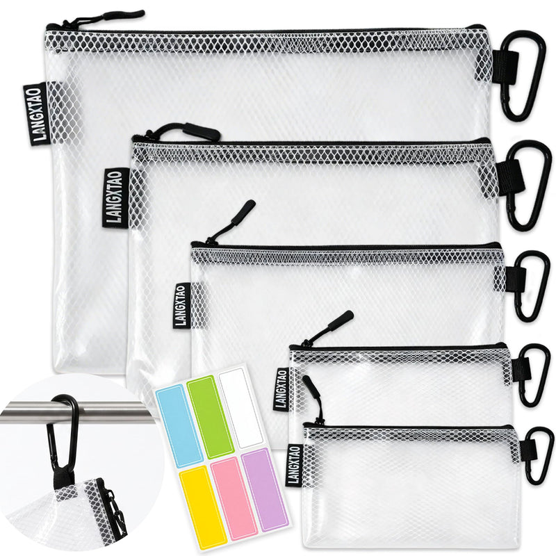 5 Pack Clear Zipper Pouches, Tool & Cable Organizer Waterproof Travel Pouch | Build In Carabiner Clip & Label Sticker, Waterproof Pouch, Mesh Zipper Pouch Bags, Tool Bag, Travel & Tech Pouch, Multi-Size