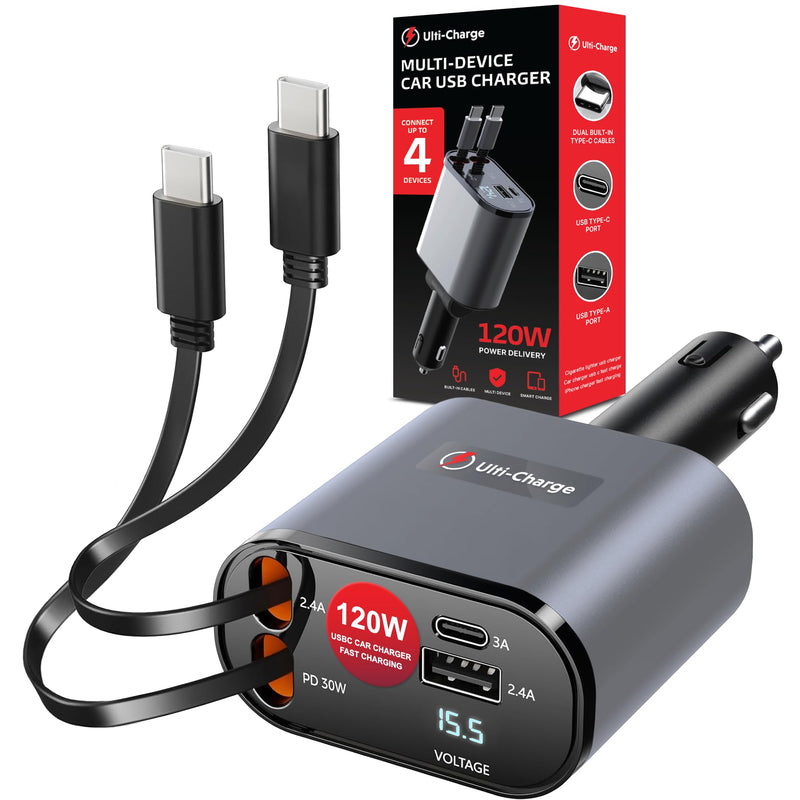 Ulti Charge Car Phone Charger 120W Fast Charging Retractable Cigarette Lighter USB C Charger, 4‑Port USB‑C & USB‑A Dual USBC Charging Block for iPhone, Galaxy, Tablets, Laptops Retractable USBC x2